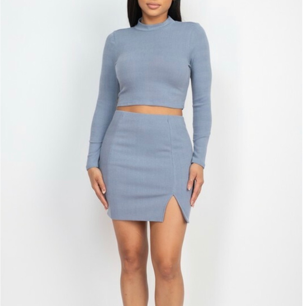 Solid Ribbed Crop Top and Skirt Set